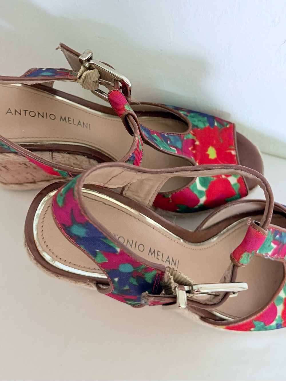 ANTONIO MELANI Red Floral Cork Espadrille Wedge Sandals - Picture 5 of 5